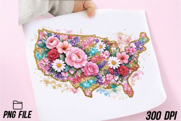 Glitter Floral American Map PNG: Your All-Season Patriotic Design Asset