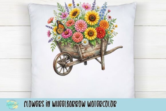 Rustic Charm: Flowers in Wheelbarrow Watercolor for Creative Projects